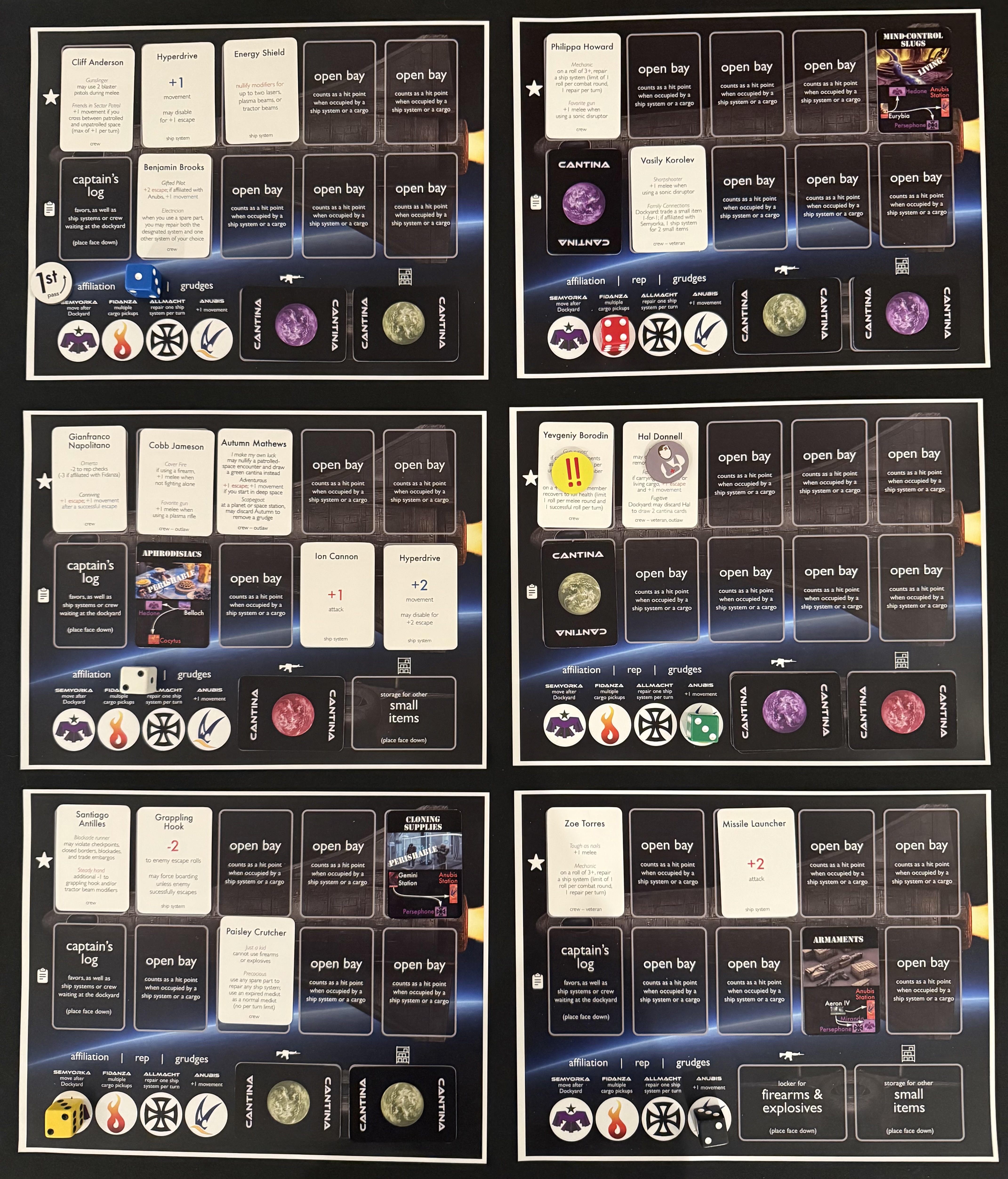 Photo of the S.P.A.C.E. player ship sheets at the start of the sample turn. Six individual ship sheets are arranged side by side on a table, each showing a different color and player: Blue, Red, Yellow, Green, White, and Black. Each sheet displays the player's captain and other crew, ship systems, or cargo abord their ship. Green's ship shows an injured captain and one unconscious crew member. Some players also have items in their Captain's Log, Weapons Locker, and/or Storage Locker. A die on each ship sheet shows the player's reputation and whether they're affiliated with one of the four syndicates. Blue has the 1st Player token.