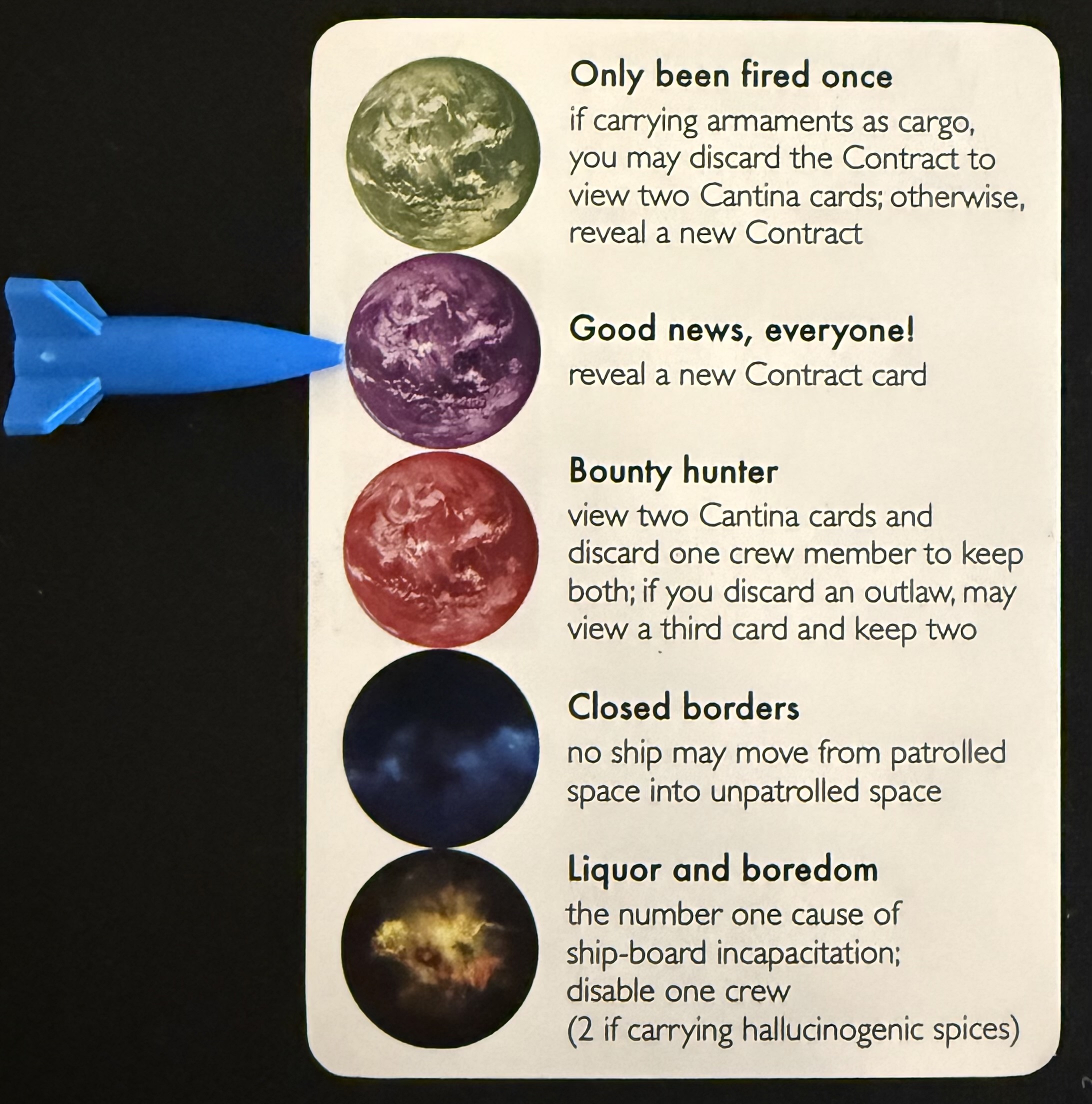 Encounter card with Blue’s ship next to the purple encounter, which reads: Good news, everyone! — reveal a new Contract card.