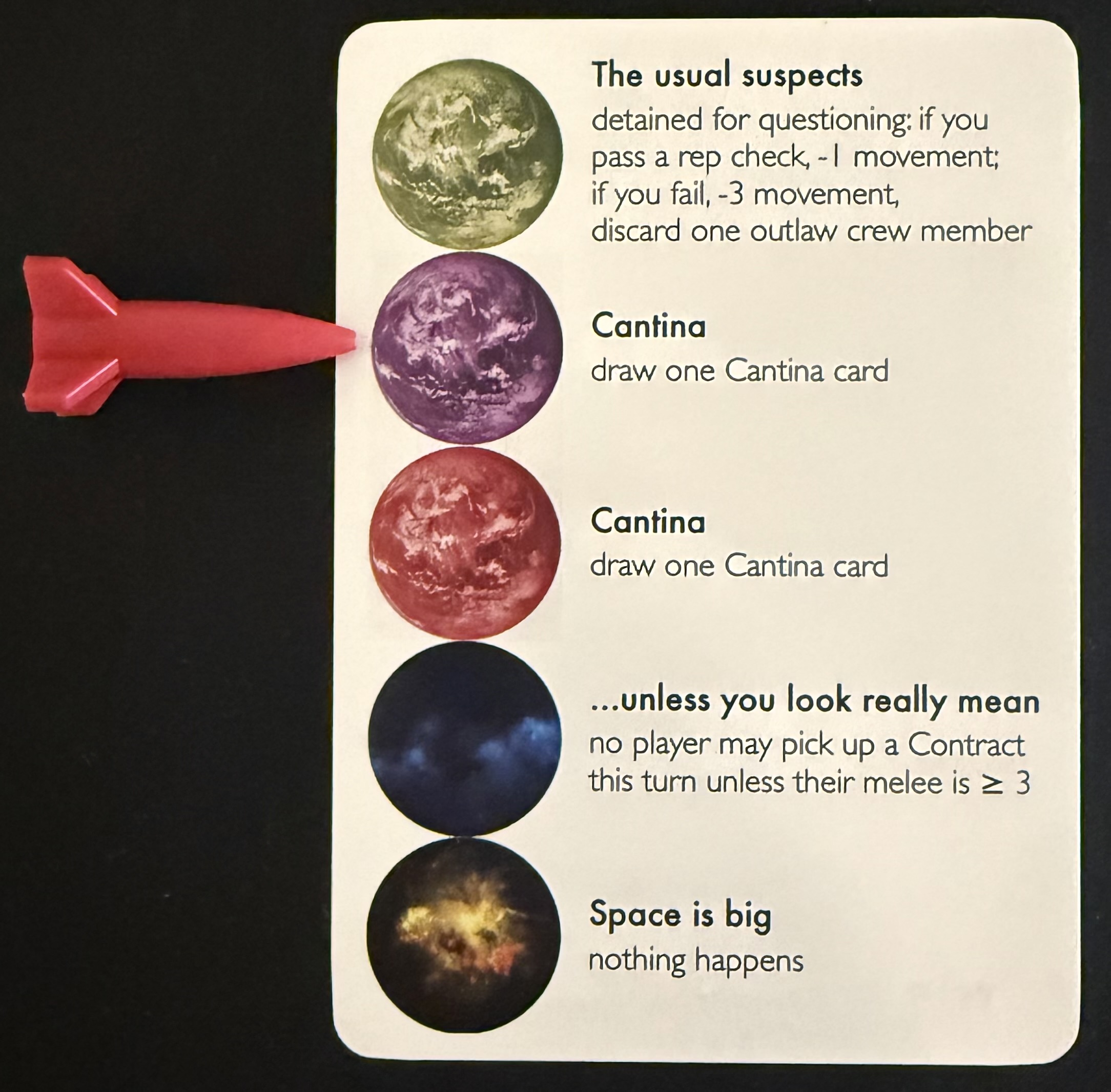 Encounter card with Red’s ship next to the red encounter, which reads: Cantina - draw one Cantina card. 