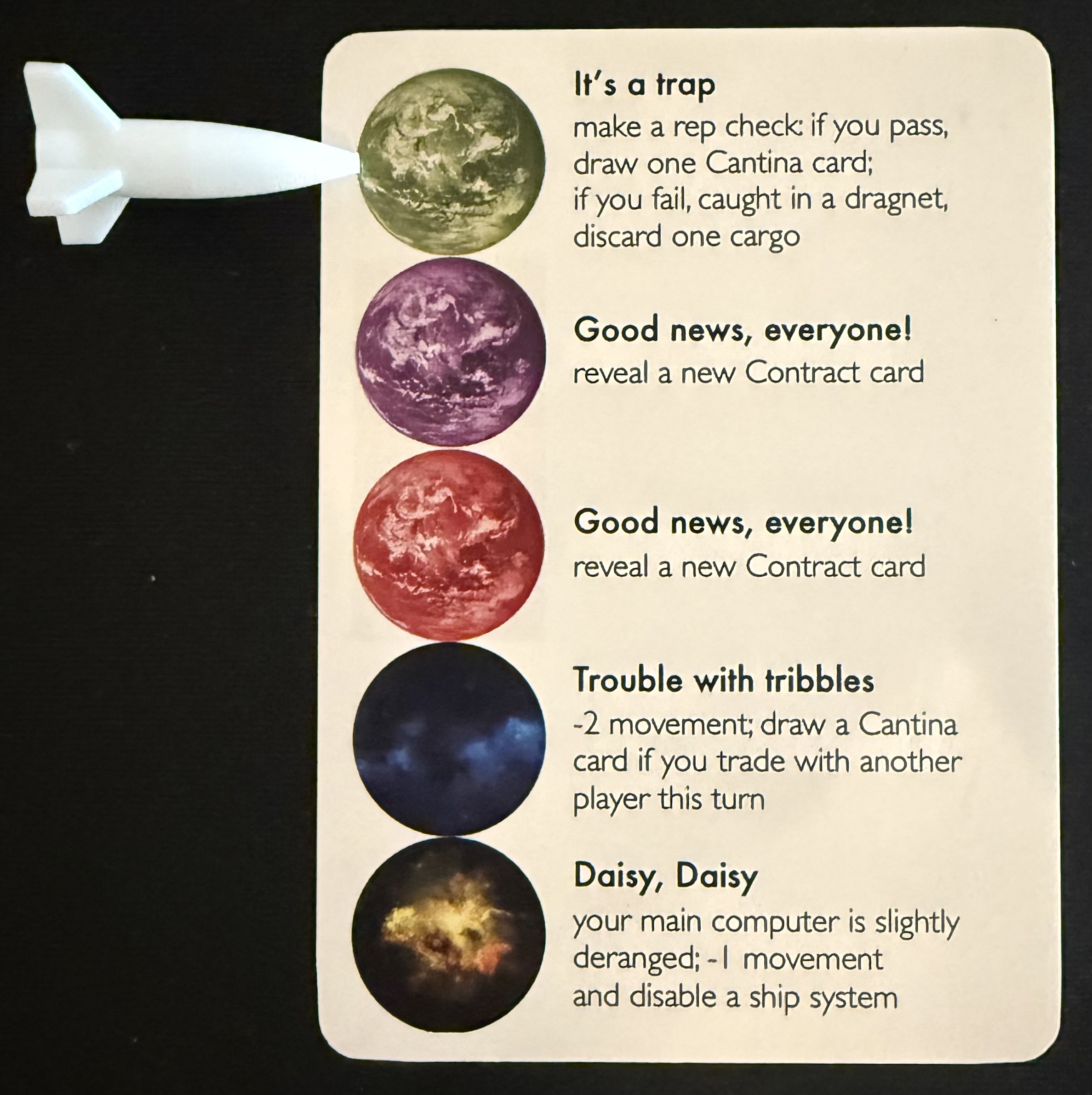 Encounter card with White’s ship next to the green encounter, which reads: It’s a trap — make a rep check: if you pass, draw one Cantina card; if you fail, caught in a dragnet, discard one cargo.