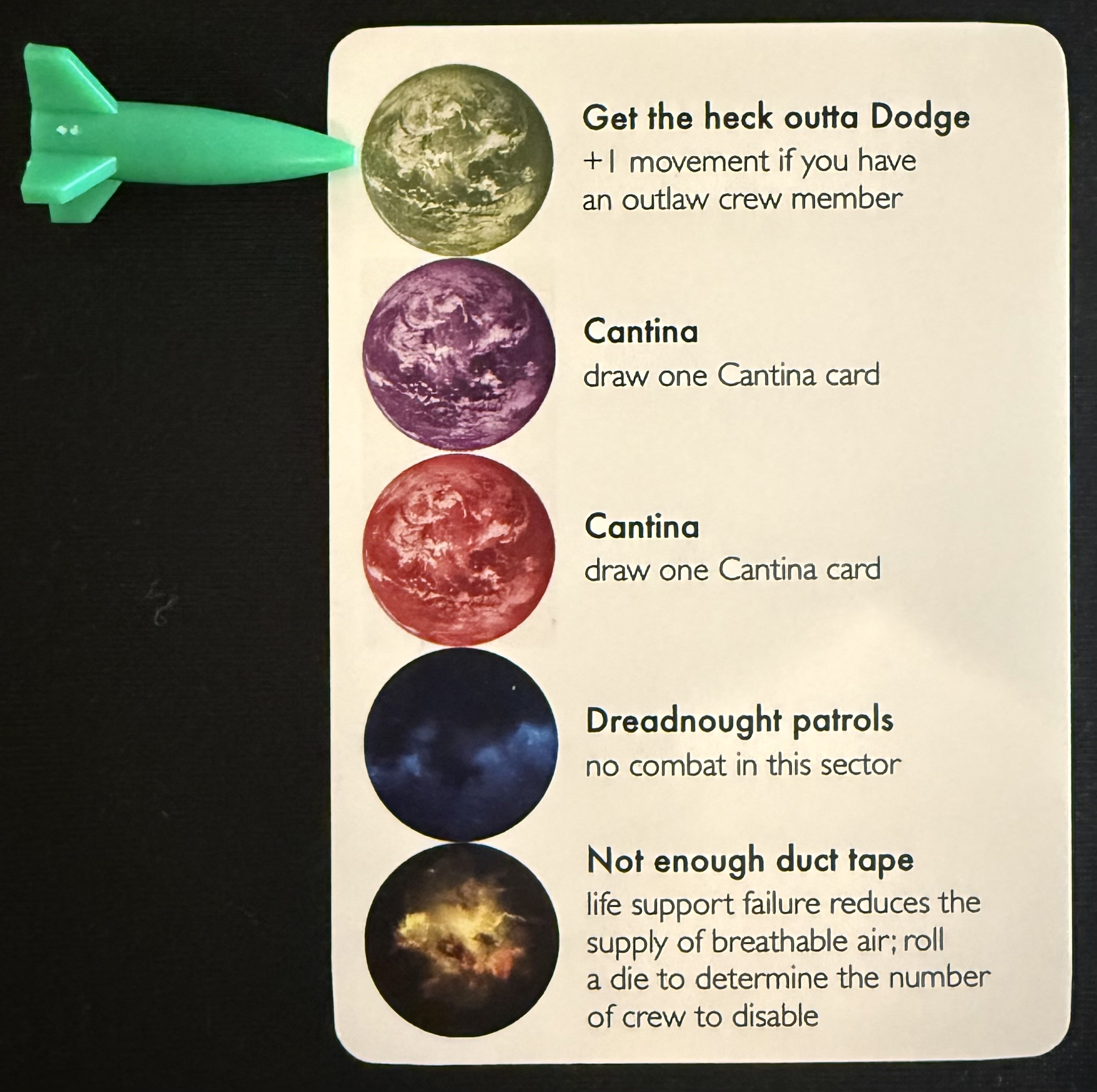 Encounter card with Green’s ship next to the green encounter, which reads: Get the heck outa Dodge — +1 movement if you have an outlaw crew member.