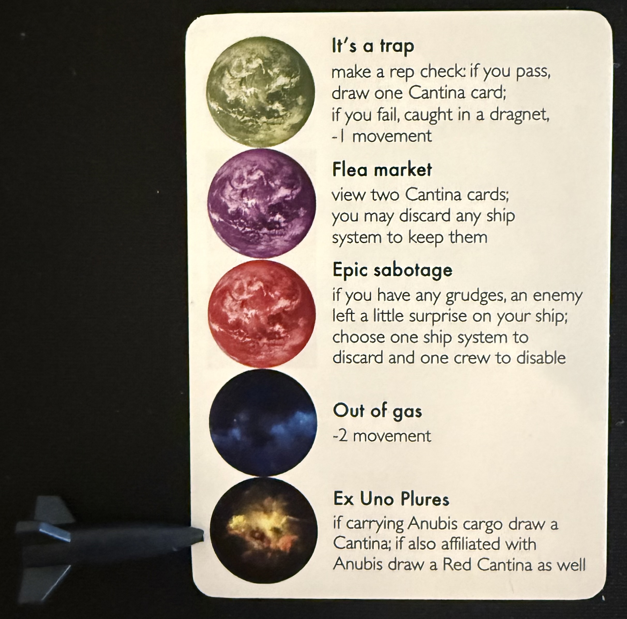 Encounter card with Black’s ship next to the unpatrolled deep space encounter, which reads: Ex Uno Plures - if carrying Anubis cargo draw a Cantina; if also affiliated with Anubis draw a Red Cantina as well.