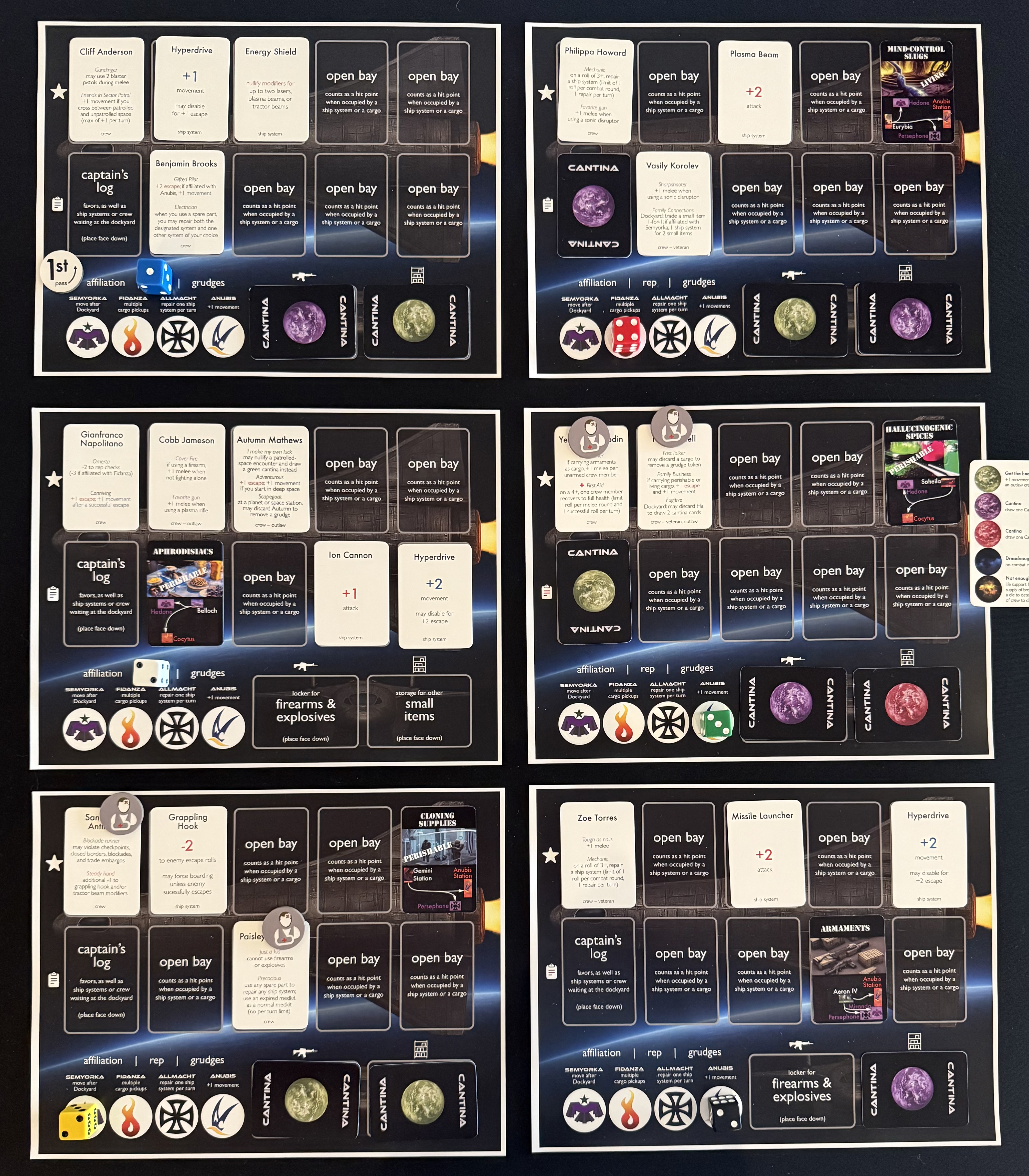 Photo of the S.P.A.C.E. player ship sheets after resolving the encounter cards. The same six ship sheets are now updated with tokens showing the results of the encounters: Yellow has injury tokens on two crew positions; Green’s shows an Encounter card next to it; etc.