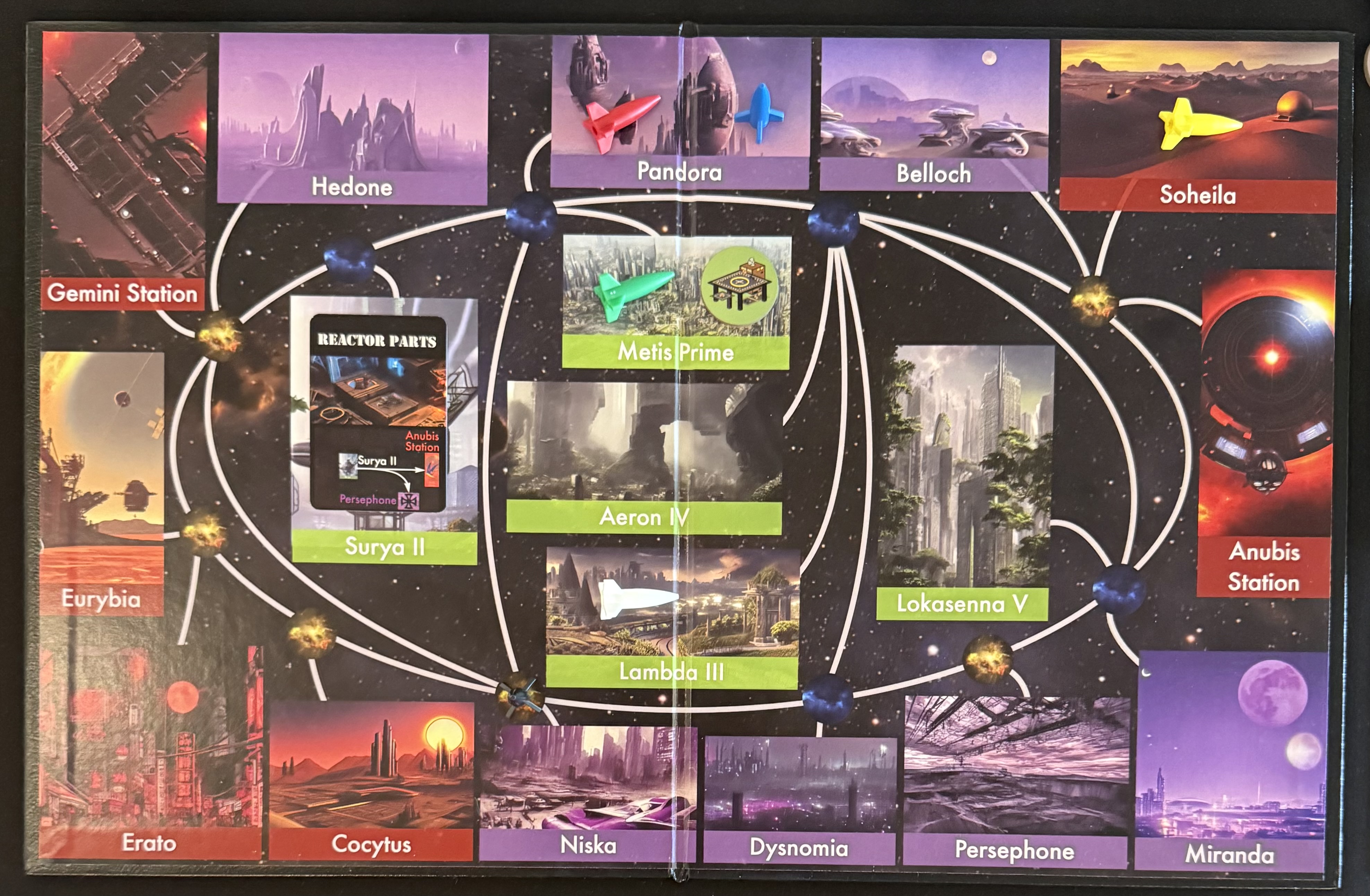 Photo of the S.P.A.C.E. game board before Blue’s movement. There is a now a contract at Surya II.