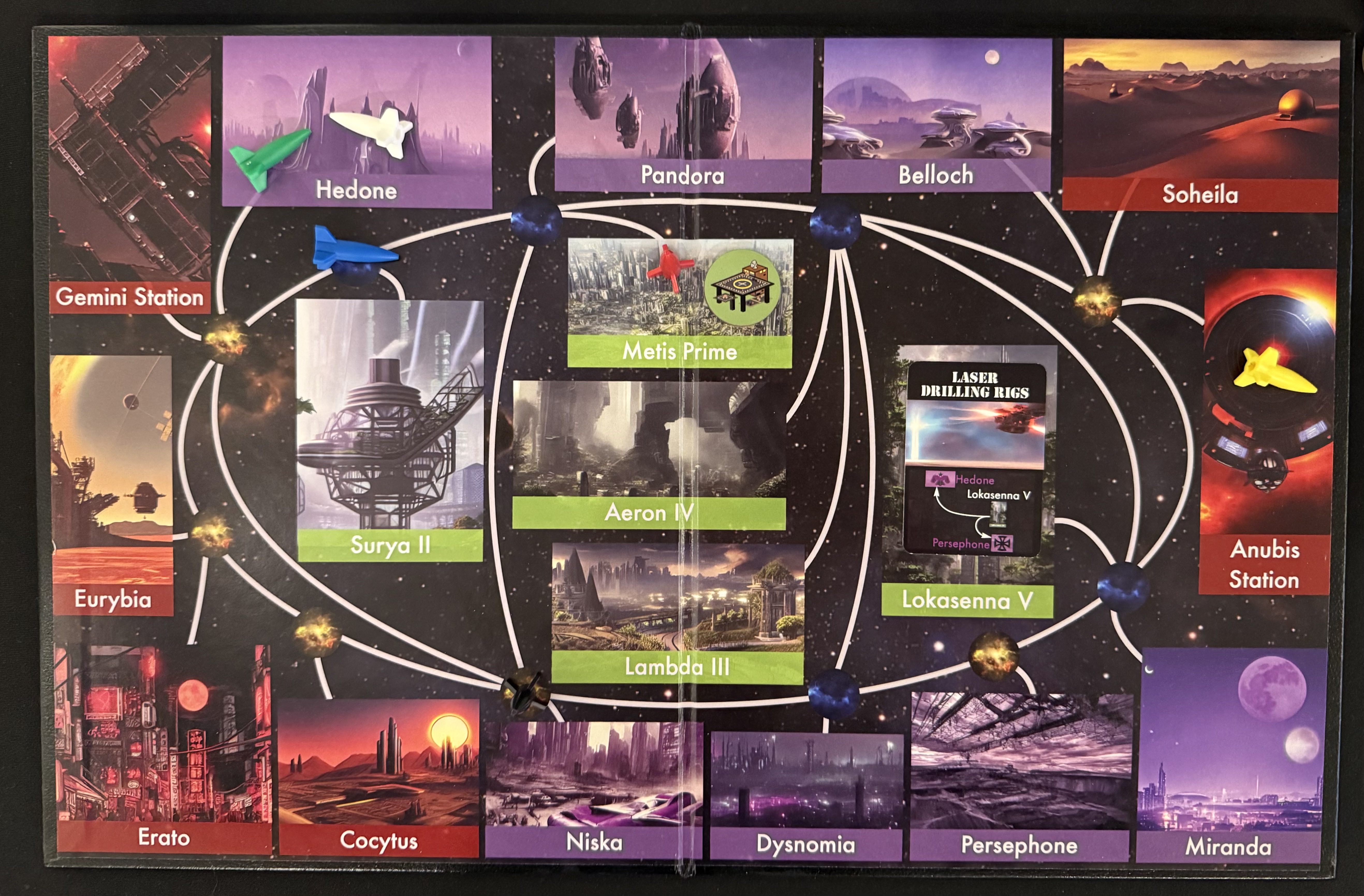 The game board shows that Green is also now at Hedone and Yellow is at Anubis Station.