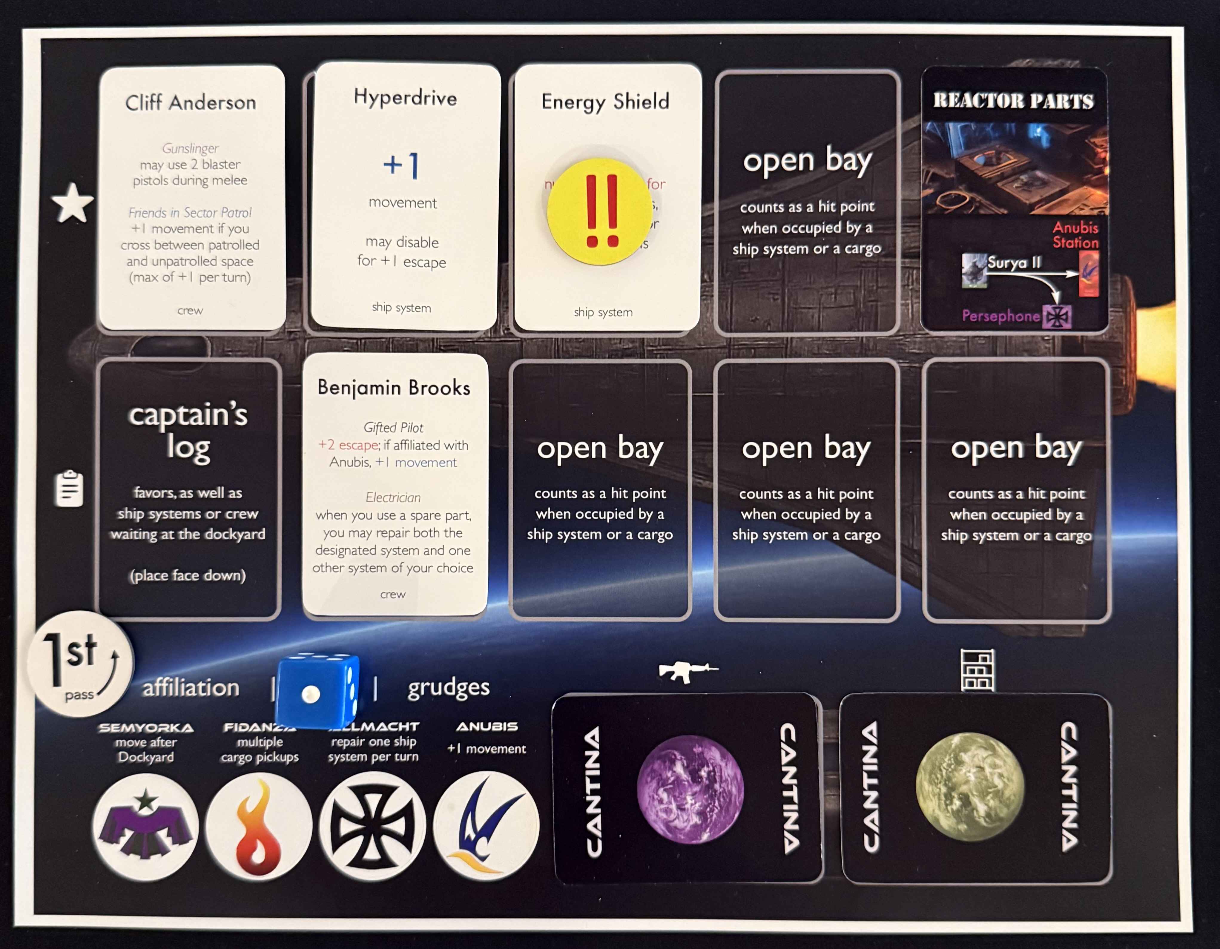 Photo of Blue’s S.P.A.C.E. ship sheet after movement. Blue's energy shield is damaged and they've picked up a Reactor Parts cargo.