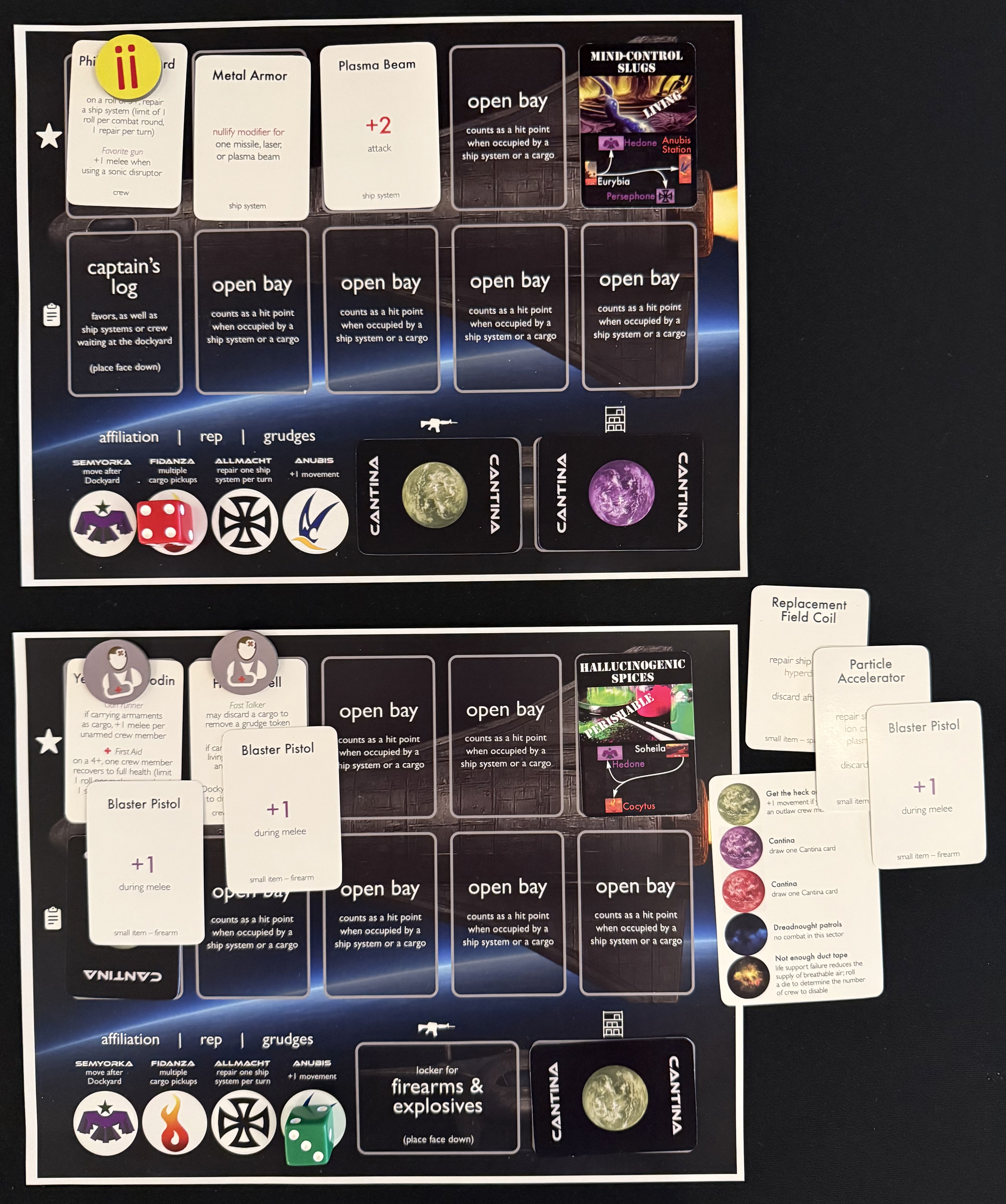 Photo of the Red and Green S.P.A.C.E. ship sheets immediately after the brawl. Red's captain is unconscious, Green's crew are both injured. Green has both traded items and Red's Blaster Pistol.