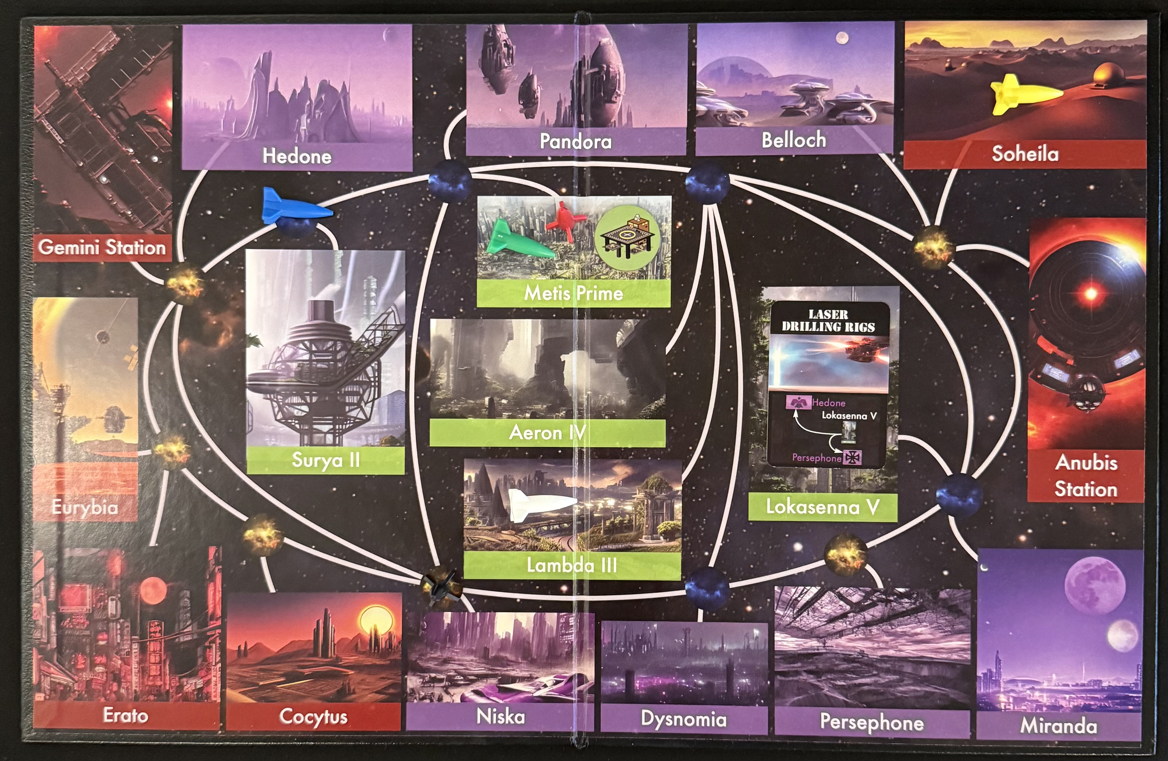 The game board now shows Red and Green at Metis Prime, where the Dockyard is also located. There are Laser Drilling Rigs on Lokasenna V.