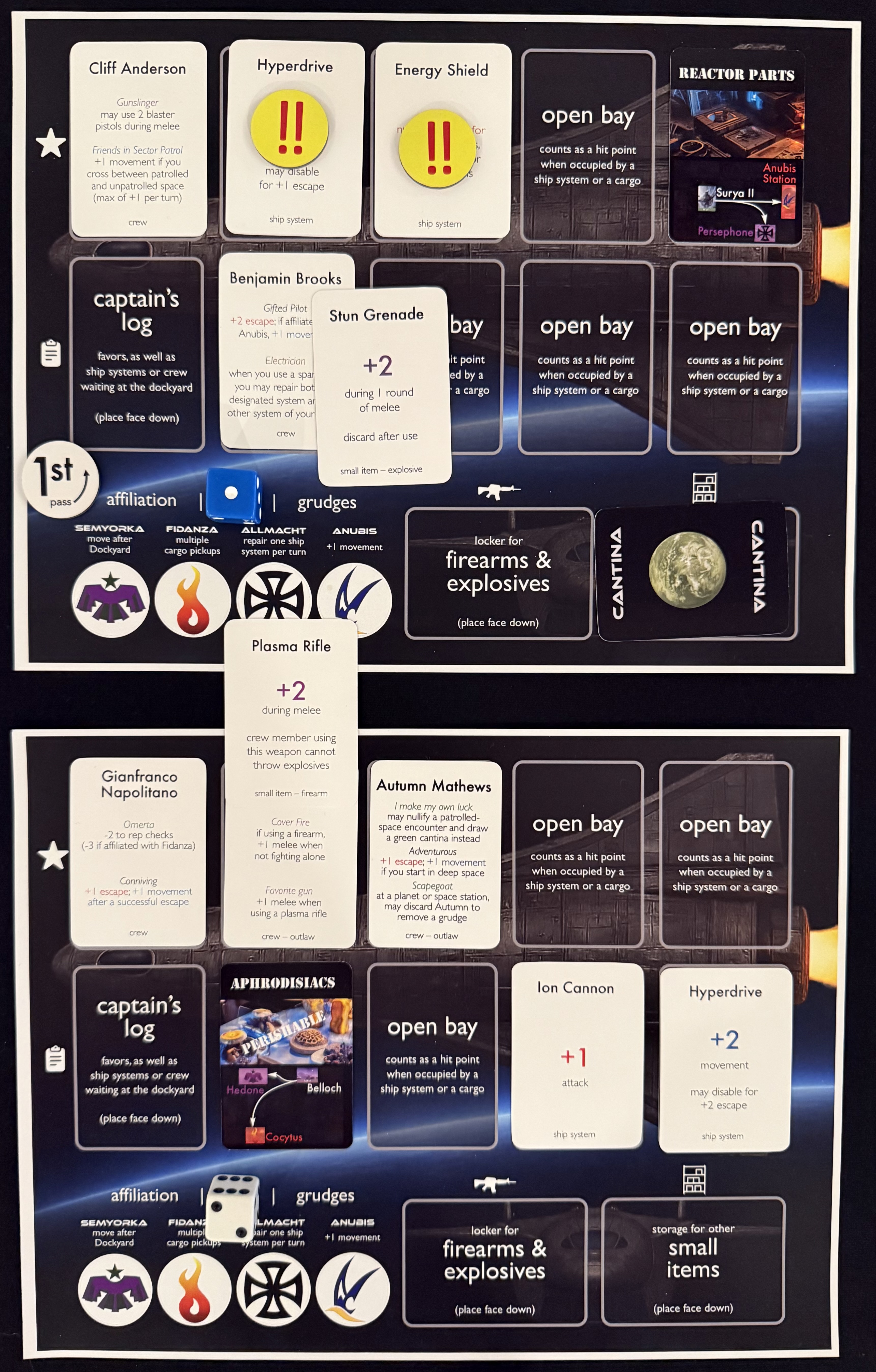 Blue and White's ship sheets. Blue's ship systems are both damaged. Benjamin Brookes is equipped with a Stun Grenade. A Plasma Rifle is next to a White crew member obscuring their name.