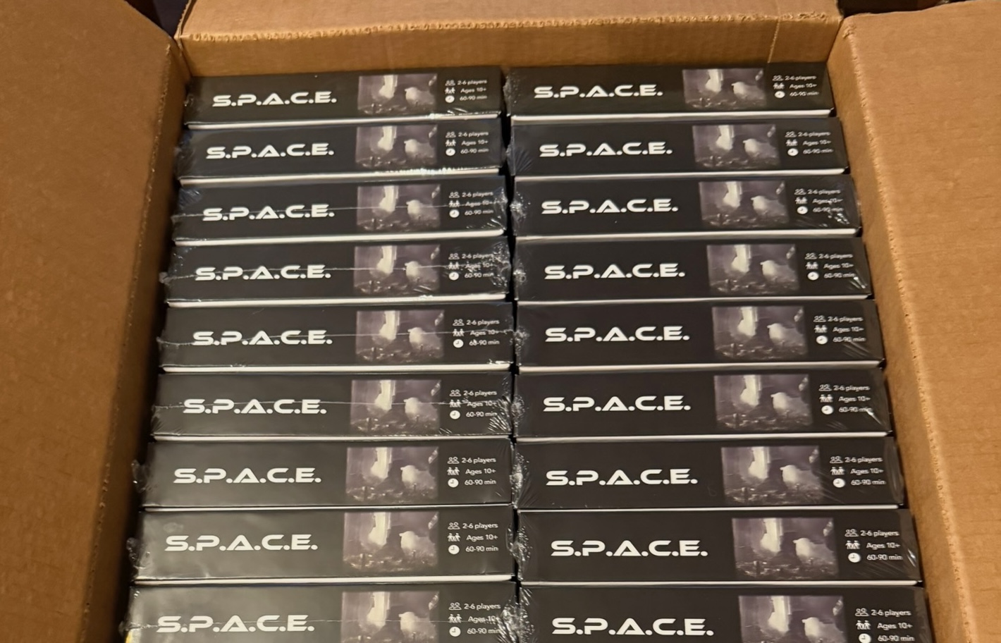 Cardboard box full of copies of S.P.A.C.E.